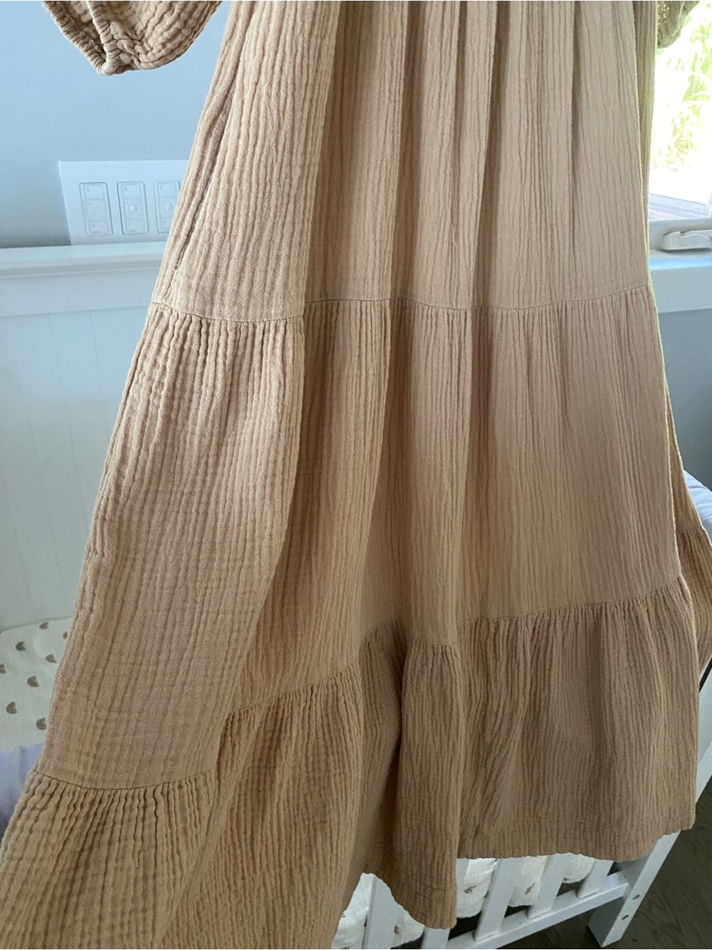 Neuflora - 100% Cotton Gauze Smocked Midi Dress with Square Neck in Tan - Picture 5 of 6